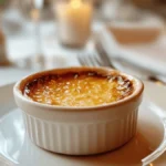 A beautifully plated crab brulee in a white ramekin with a caramelized golden-brown sugar crust, served on a white plate in an elegant dining setting with soft candlelight in the background.