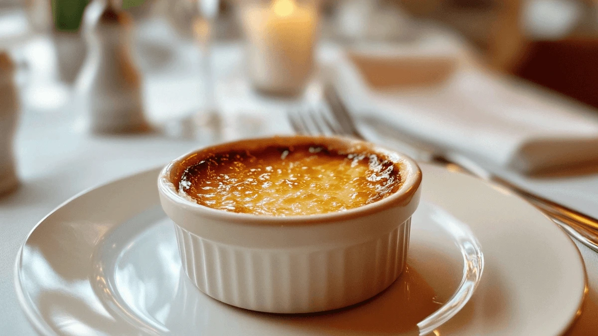 A beautifully plated crab brulee in a white ramekin with a caramelized golden-brown sugar crust, served on a white plate in an elegant dining setting with soft candlelight in the background.