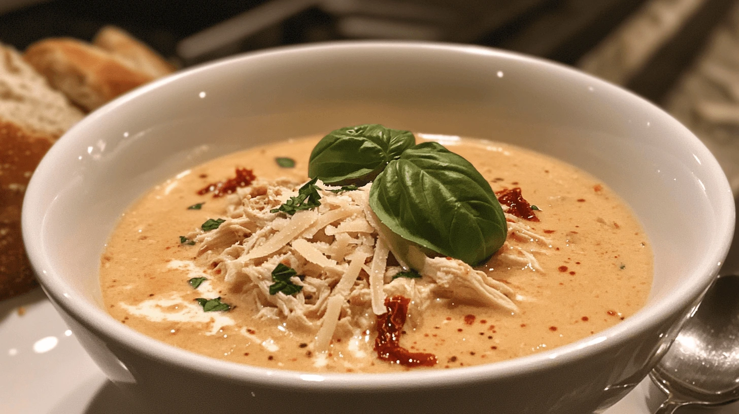 A bowl of creamy Marry Me Chicken Soup recipe topped with shredded chicken, fresh basil, sun-dried tomatoes, and Parmesan, served with crusty bread.