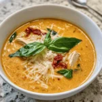 A steaming bowl of Marry Me Chicken Soup recipe, garnished with fresh basil, Parmesan, and sun-dried tomatoes, ready to enjoy.