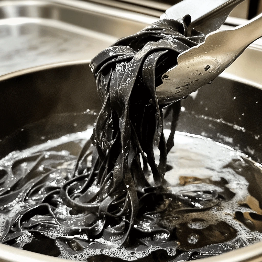 Freshly cooked squid ink pasta being lifted from boiling water with tongs, glistening and perfectly al dente.