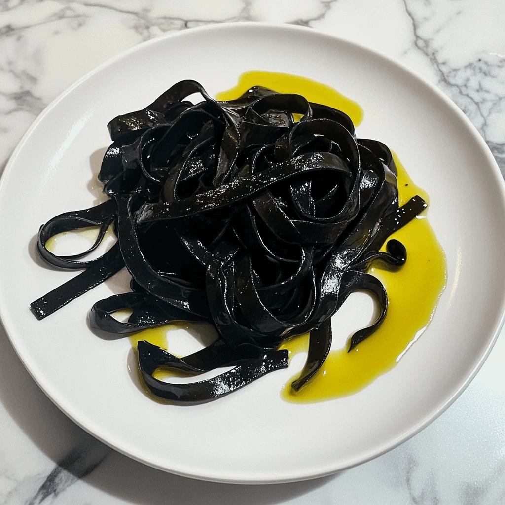 A plate of freshly cooked squid ink tagliatelle, elegantly twirled on a matte white plate, with a drizzle of olive oil.