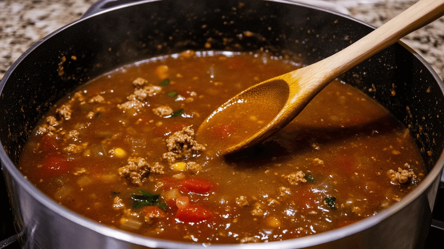 A thick, rich taco soup with beans, corn, and ground beef in a stainless steel pot, showing the perfect consistency for a hearty meal.