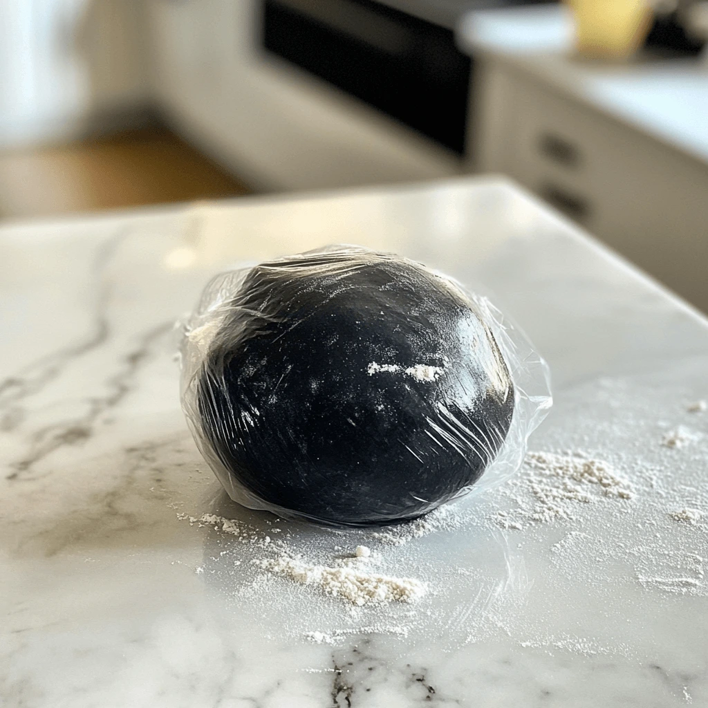 A ball of squid ink pasta dough, wrapped in plastic wrap, resting on a lightly floured surface.