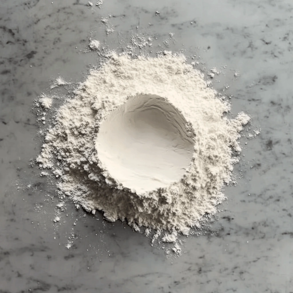 A top-down view of a mound of 00 flour on a marble countertop, shaped into a well in the center, ready for making homemade squid ink pasta