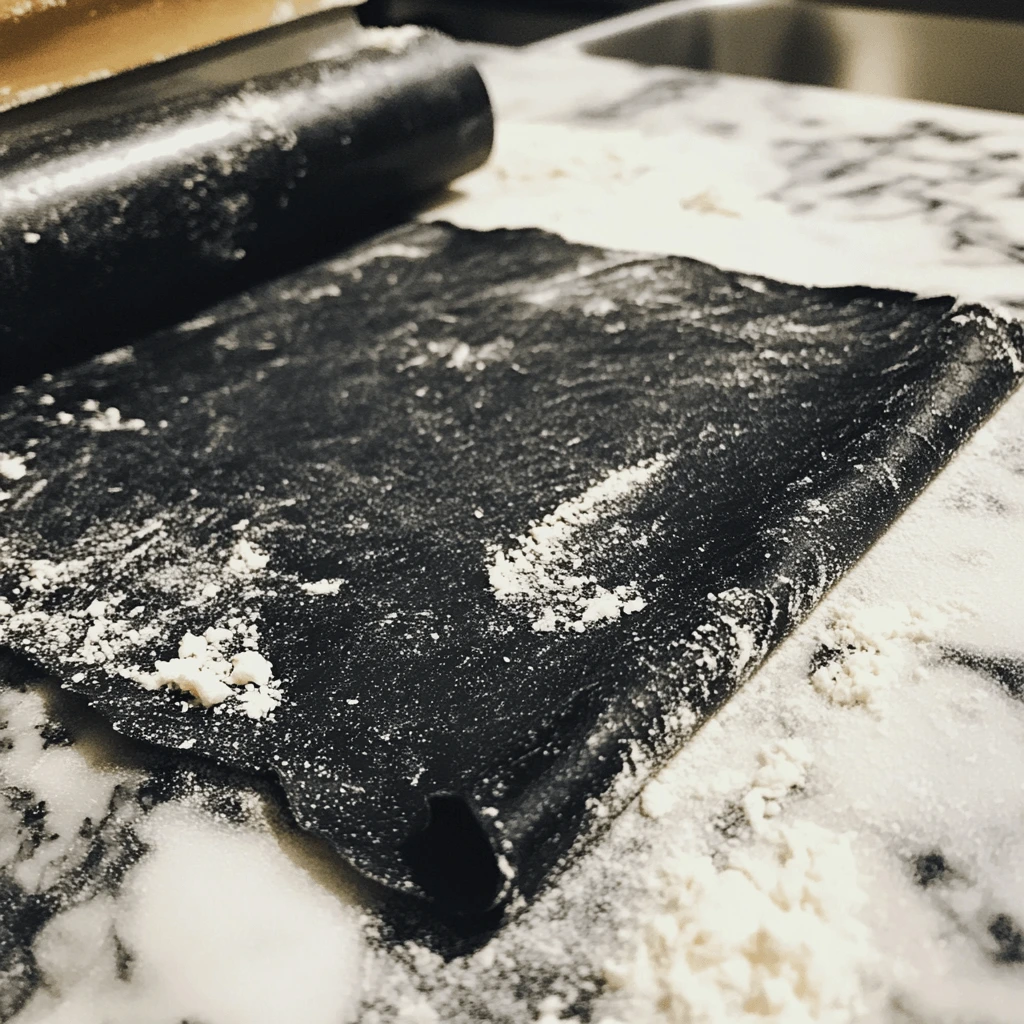 Fresh squid ink pasta dough being rolled out on a marble countertop, with a pasta roller in the background.