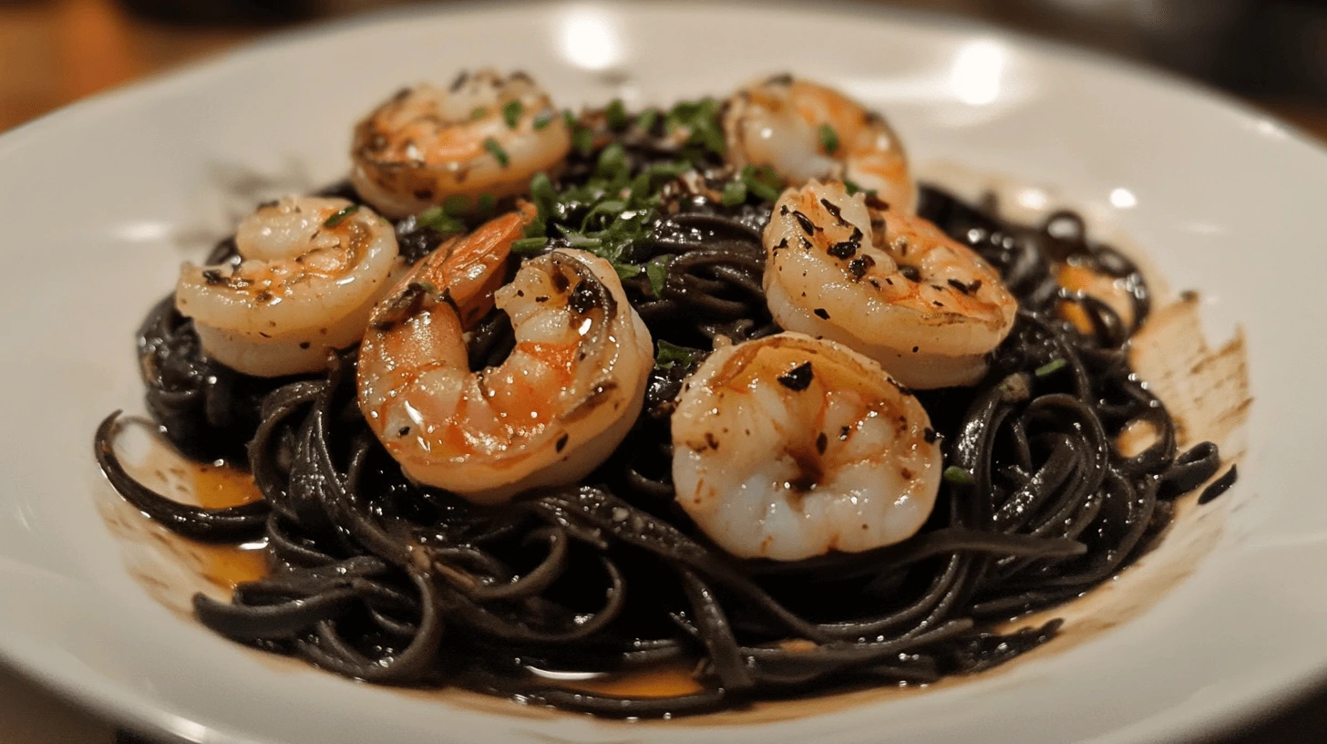 A plate of squid ink pasta with shrimp and scallops, garnished with parsley and chili flakes, served on a black plate with a drizzle of olive oil.